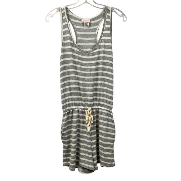 Pink Lady Womens Scoop Neck Sleeveless Romper Gray/White Striped Pockets Small - Picture 1 of 8